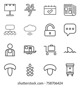 Thin line icon set : billboard, 24 7, calendar, newspaper, structure, cloud wireless, unlock, sms, workman, trailer, baggage trolley, shark flipper, mushroom, spikelets, hive