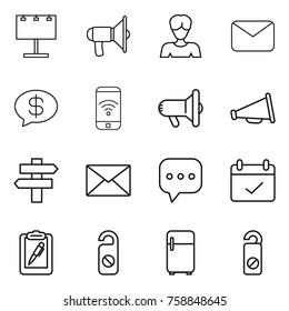Thin line icon set : billboard, loudspeaker, woman, mail, money message, phone wireless, megafon, singlepost, sms, terms, clipboard pen, do not distrub, fridge