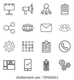 Thin line icon set : billboard, loudspeaker, share, clipboard, team, mail, group, round around, chip, phone, consolidated cargo, mobile checking, remote control, gears