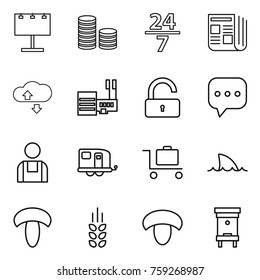 Thin line icon set : billboard, coin stack, 24 7, newspaper, cloude service, mall, unlock, sms, workman, trailer, baggage trolley, shark flipper, mushroom, spikelets, hive