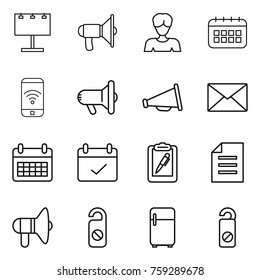 Thin line icon set : billboard, loudspeaker, woman, calendar, phone wireless, megafon, mail, terms, clipboard pen, document, do not distrub, fridge