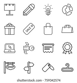Thin line icon set : billboard, pencil, bulb, circle diagram, gift, sale, shopping bag, notebook, satellite, atm receipt, medal, shop signboard, signpost, label, hanger