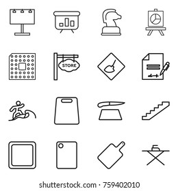 Thin line icon set : billboard, presentation, chess horse, cpu, store signboard, under construction, inventory, surfer, cutting board, stairs, iron