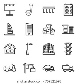 Thin line icon set : billboard, bridge, building, skyscraper, modern architecture, district, house, outdoor light, office, traffic, scooter shipping, loading, trash truck, sweeper