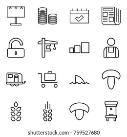 Thin line icon set : billboard, coin stack, calendar, newspaper, unlock, tower crane, sorting, workman, trailer, baggage trolley, shark flipper, mushroom, spikelets, hive