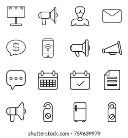 Thin line icon set : billboard, loudspeaker, woman, mail, money message, phone wireless, megafon, sms, calendar, terms, document, do not distrub, fridge