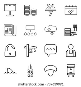 Thin line icon set : billboard, coin stack, 24 7, calendar, newspaper, structure, cloude service, mall, unlock, tower crane, sms, workman, shark flipper, spikelets, mushroom, hive