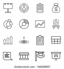 Thin line icon set : billboard, target audience, clipboard, money bag, circle diagram, statistics, presentation, graph up, market, shopping list, store signboard