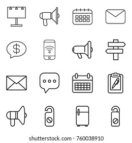 Thin line icon set : billboard, loudspeaker, calendar, mail, money message, phone wireless, megafon, singlepost, sms, clipboard pen, do not distrub, fridge