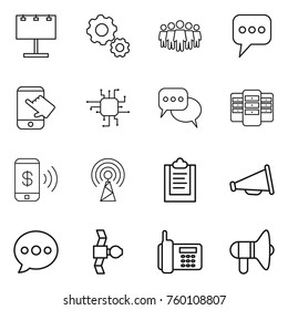 Thin line icon set : billboard, gear, team, message, touch, chip, discussion, server, phone pay, antenna, clipboard, loudspeaker, balloon, satellite