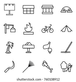 Thin line icon set : billboard, market, dome house, loading, flammable, bike, tent, palm, restaurant, golf, rake, sickle, blower, garden cleaning