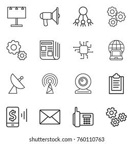 Thin line icon set : billboard, loudspeaker, share, gear, newspaper, chip, notebook globe, satellite antenna, web cam, clipboard, mobile pay, mail, phone, gears