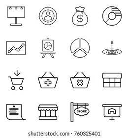 Thin line icon set : billboard, target audience, money bag, circle diagram, statistics, presentation, add to cart, basket, delete, market, shopping list, store signboard