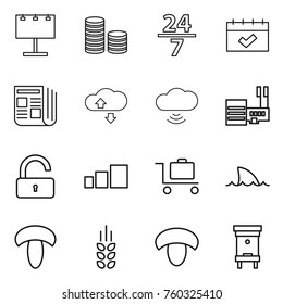 Thin line icon set : billboard, coin stack, 24 7, calendar, newspaper, cloude service, cloud wireless, mall, unlock, sorting, baggage trolley, shark flipper, mushroom, spikelets, hive