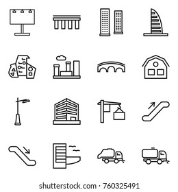 Thin line icon set : billboard, bridge, skyscrapers, skyscraper, modern architecture, city, house, outdoor light, office, loading, escalator, hotel, trash truck, sweeper