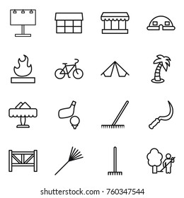 Thin line icon set : billboard, market, dome house, flammable, bike, tent, palm, restaurant, golf, rake, sickle, farm fence, garden cleaning