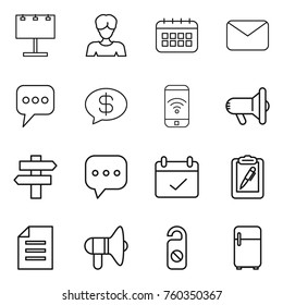 Thin line icon set : billboard, woman, calendar, mail, message, money, phone wireless, megaphone, singlepost, sms, terms, clipboard pen, document, loudspeaker, do not distrub, fridge