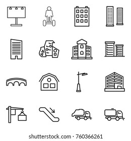 Thin line icon set : billboard, hoverboard, building, skyscrapers, skyscraper, modern architecture, district, bridge, house, outdoor light, office, loading, escalator, trash truck, sweeper