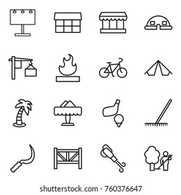 Thin line icon set : billboard, market, dome house, loading, flammable, bike, tent, palm, restaurant, golf, rake, sickle, farm fence, blower, garden cleaning