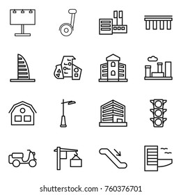 Thin line icon set : billboard, segway, store, bridge, skyscraper, modern architecture, building, city, house, outdoor light, office, traffic, scooter shipping, loading, escalator, hotel