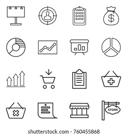 Thin line icon set : billboard, target audience, clipboard, money bag, circle diagram, statistics, presentation, graph up, add to cart, basket, delete, shopping list, market, store signboard