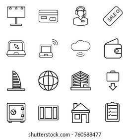 Thin line icon set : billboard, card, call center, sale, notebook, wireless, cloud, wallet, skyscraper, globe, office, baggage get, safe, window, house, clipboard list