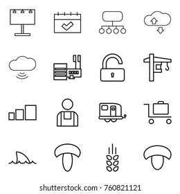 Thin line icon set : billboard, calendar, structure, cloude service, cloud wireless, mall, unlock, tower crane, sorting, workman, trailer, baggage trolley, shark flipper, mushroom, spikelets