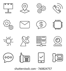 Thin line icon set : billboard, pointer, gear, call, mail, money message, chip, satellite antenna, server, web cam, balloon, phone, mobile checking, intercome