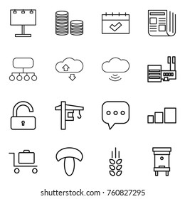 Thin line icon set : billboard, coin stack, calendar, newspaper, structure, cloude service, cloud wireless, mall, unlock, tower crane, sms, sorting, baggage trolley, mushroom, spikelets, hive
