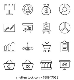 Thin line icon set : billboard, target audience, money bag, circle diagram, statistics, presentation, graph up, add to cart, clipboard, basket, delete, market