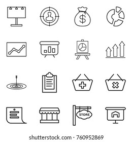 Thin line icon set : billboard, target audience, money bag, circle diagram, statistics, presentation, graph up, clipboard, add to basket, delete cart, shopping list, market, store signboard