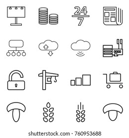 Thin line icon set : billboard, coin stack, 24 7, newspaper, structure, cloude service, cloud wireless, mall, unlock, tower crane, sorting, baggage trolley, mushroom, spikelets
