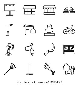 Thin line icon set : billboard, market, dome house, outdoor light, loading, flammable, bike, palm, golf, sickle, farm fence, rake, blower, garden cleaning