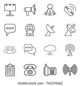 Thin line icon set : billboard, loudspeaker, share, call, message, notebook globe, satellite antenna, group, discussion, cloud wireless, clipboard, phone