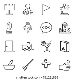 Thin line icon set : billboard, share, flag, table lamp, crystall memory, jet robot, balloon, mansion, door, fork loader, cocktail, cereals, mortar, scarecrow, hand drop