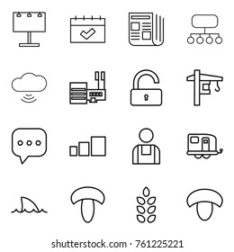 Thin line icon set : billboard, calendar, newspaper, structure, cloud wireless, mall, unlock, tower crane, sms, sorting, workman, trailer, shark flipper, mushroom, spikelets