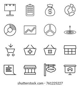 Thin line icon set : billboard, clipboard, money bag, circle diagram, statistics, target, add to cart, basket, delete, market, shopping list, store signboard, presentation