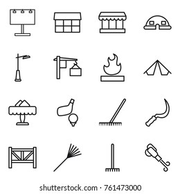 Thin line icon set : billboard, market, dome house, outdoor light, loading, flammable, tent, restaurant, golf, rake, sickle, farm fence, blower