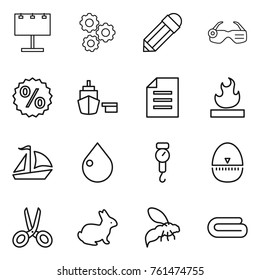 Thin line icon set : billboard, gear, pencil, smart glasses, percent, port, document, flammable, sail boat, drop, handle scales, egg timer, scissors, rabbit, wasp, towel