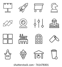 Thin line icon set : billboard, rocket, delivery, chess horse, up down arrow, web cam, equalizer, mansion, window, factory, arch, label, apron, grape, warehouse, trash bin