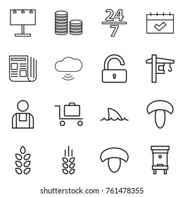Thin line icon set : billboard, coin stack, 24 7, calendar, newspaper, cloud wireless, unlock, tower crane, workman, baggage trolley, shark flipper, mushroom, spikelets, hive