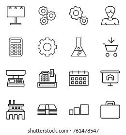 Thin line icon set : billboard, gear, woman, calculator, flask, add to cart, market scales, cashbox, calendar, presentation, factory, money, sorting, suitcase