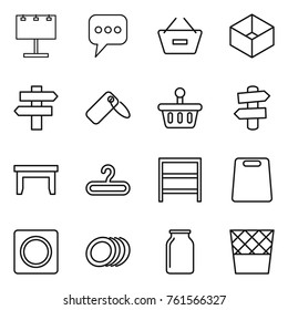 Thin line icon set : billboard, message, remove from basket, box, singlepost, label, signpost, table, hanger, rack, cutting board, ring button, plates, bank, trash bin