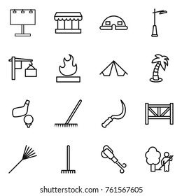 Thin line icon set : billboard, market, dome house, outdoor light, loading, flammable, tent, palm, golf, rake, sickle, farm fence, blower, garden cleaning