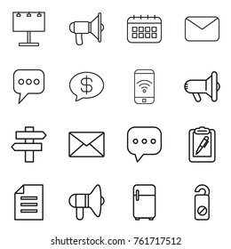 Thin line icon set : billboard, loudspeaker, calendar, mail, message, money, phone wireless, megafon, singlepost, sms, clipboard pen, document, fridge, do not distrub