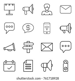 Thin line icon set : billboard, loudspeaker, woman, mail, message, money, phone wireless, megafon, singlepost, sms, terms, document, do not distrub