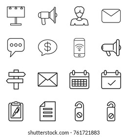Thin line icon set : billboard, loudspeaker, woman, mail, message, money, phone wireless, megafon, singlepost, calendar, terms, clipboard pen, document, do not distrub
