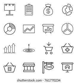 Thin line icon set : billboard, clipboard, money bag, circle diagram, statistics, presentation, graph up, target, add to cart, basket, delete, market, store signboard