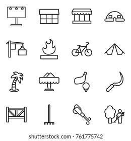 Thin line icon set : billboard, market, dome house, loading, flammable, bike, tent, palm, restaurant, golf, sickle, farm fence, rake, blower, garden cleaning