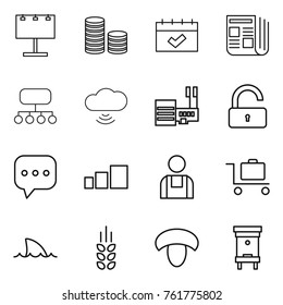 Thin line icon set : billboard, coin stack, calendar, newspaper, structure, cloud wireless, mall, unlock, sms, sorting, workman, baggage trolley, shark flipper, spikelets, mushroom, hive